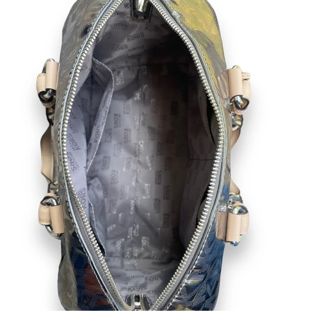 Michael Kors Grayson Nickel Mirror Metallic Logo Satchel Bag - Picture 10 of 12